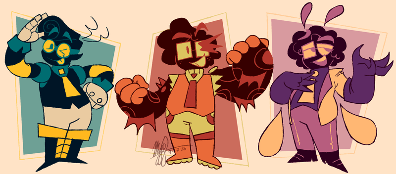 Three Aidans dressed up as Deja Vu, Theia, and Oliz respectively