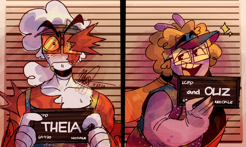 Theia and Oliz posing for their mugshots with colorful clothes